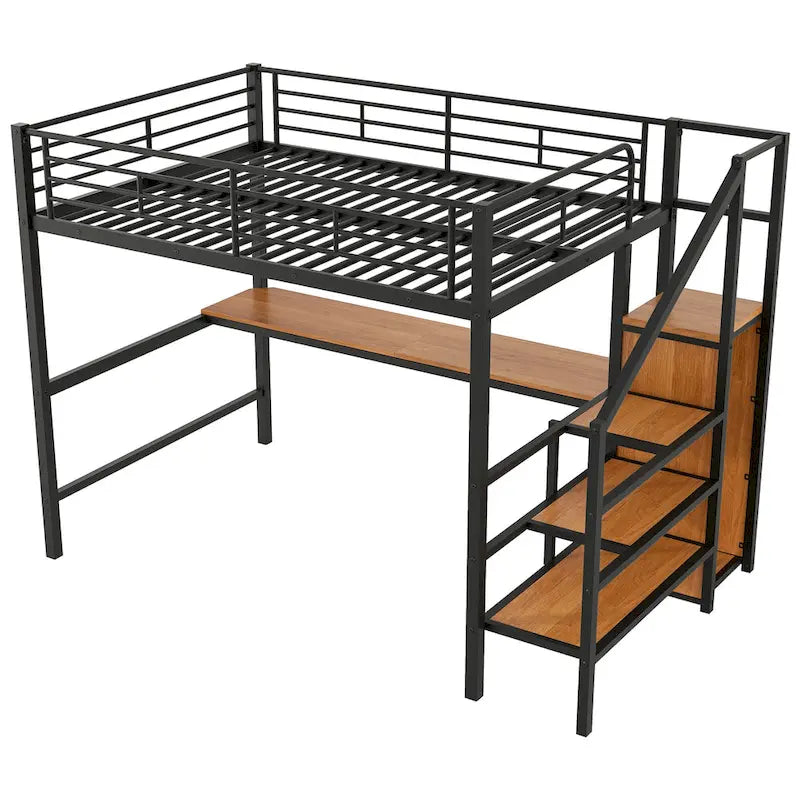 Letto a soppalco full-size con scrivania, scala contenitore, armadio piccolo, luce LED 11