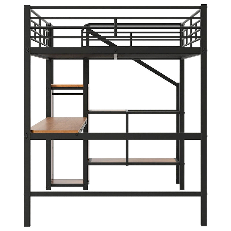 Letto a soppalco full-size con scrivania, scala contenitore, armadio piccolo, luce LED 12