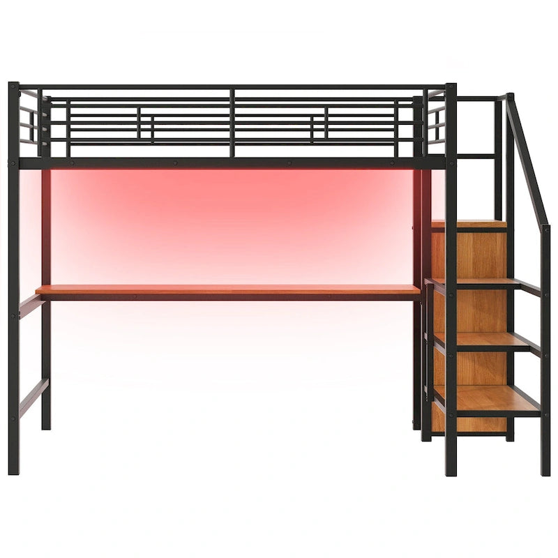 Letto a soppalco full-size con scrivania, scala contenitore, armadio piccolo, luce LED 13