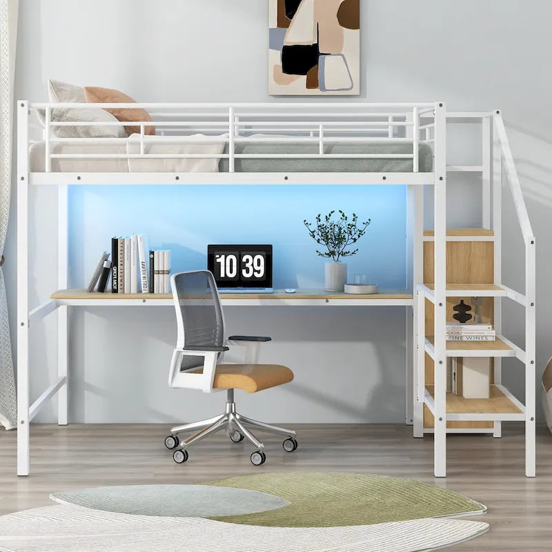 Letto a soppalco full-size con scrivania, scala contenitore, armadio piccolo, luce LED 14