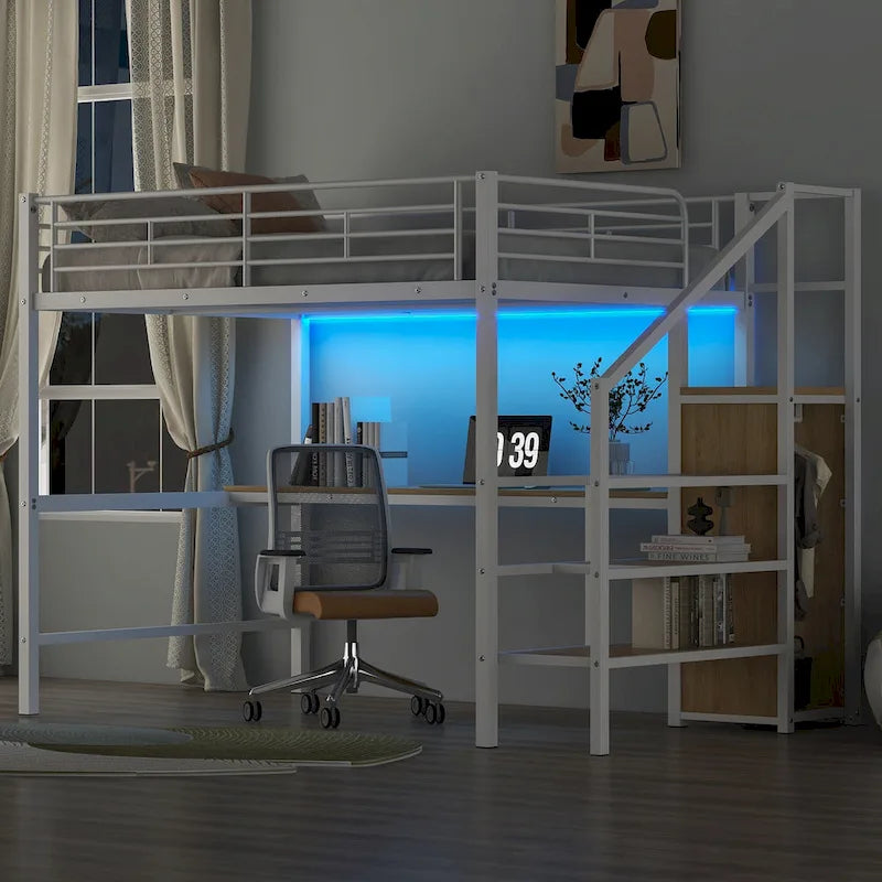 Letto a soppalco full-size con scrivania, scala contenitore, armadio piccolo, luce LED 15