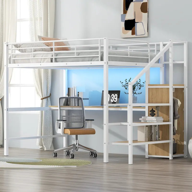 Letto a soppalco full-size con scrivania, scala contenitore, armadio piccolo, luce LED 16