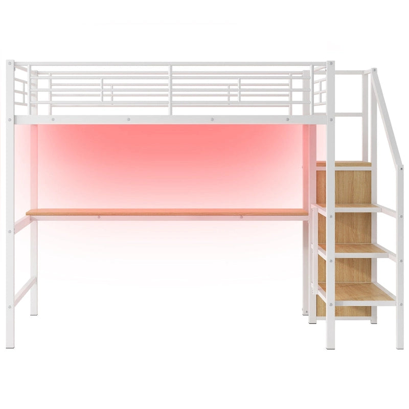 Letto a soppalco full-size con scrivania, scala contenitore, armadio piccolo, luce LED 17