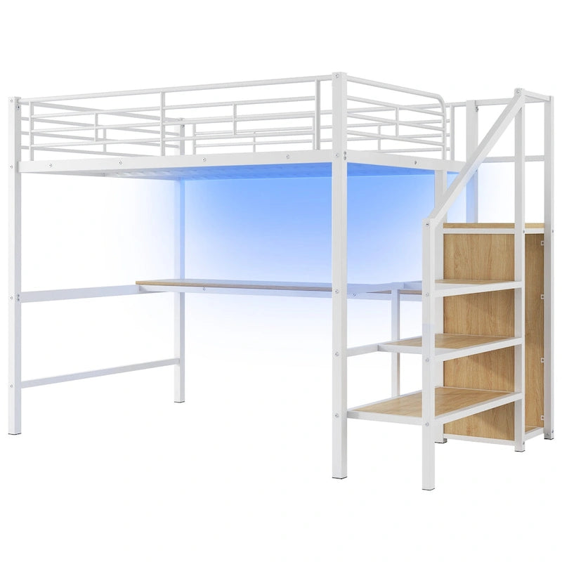 Letto a soppalco full-size con scrivania, scala contenitore, armadio piccolo, luce LED 18