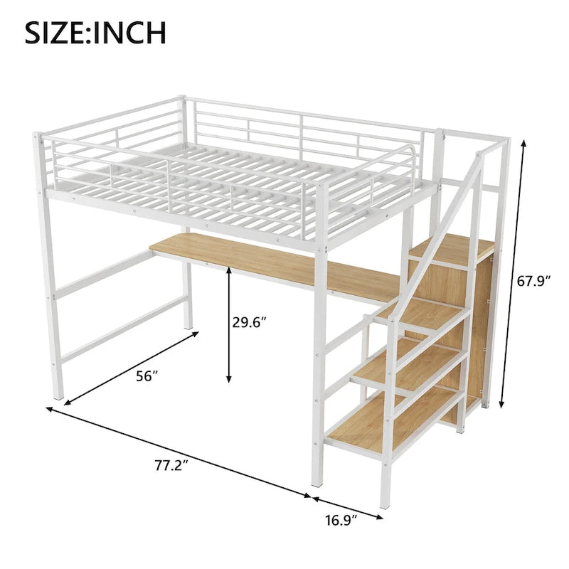 Letto a soppalco full-size con scrivania, scala contenitore, armadio piccolo, luce LED 19