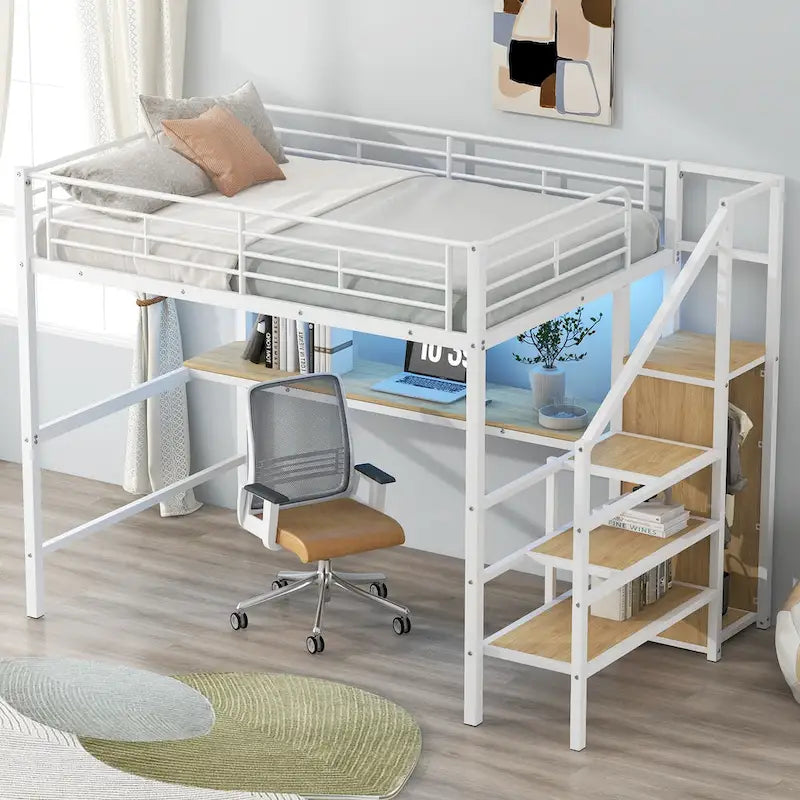 Letto a soppalco full-size con scrivania, scala contenitore, armadio piccolo, luce LED 20