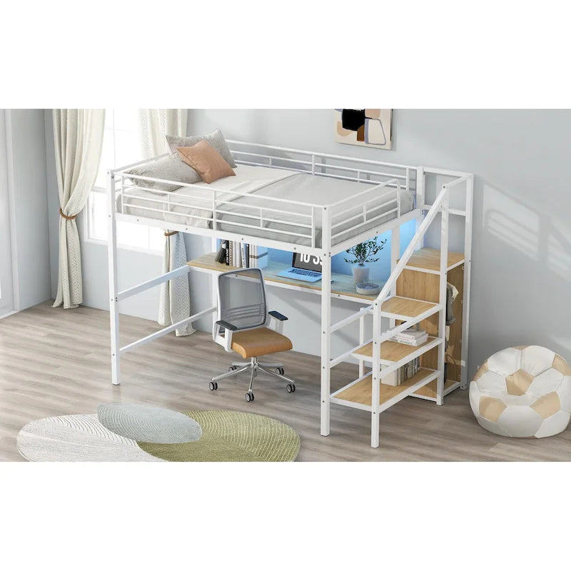 Letto a soppalco full-size con scrivania, scala contenitore, armadio piccolo, luce LED 21