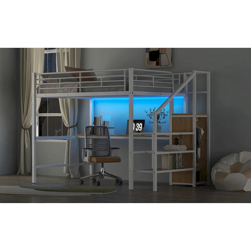 Letto a soppalco full-size con scrivania, scala contenitore, armadio piccolo, luce LED 22