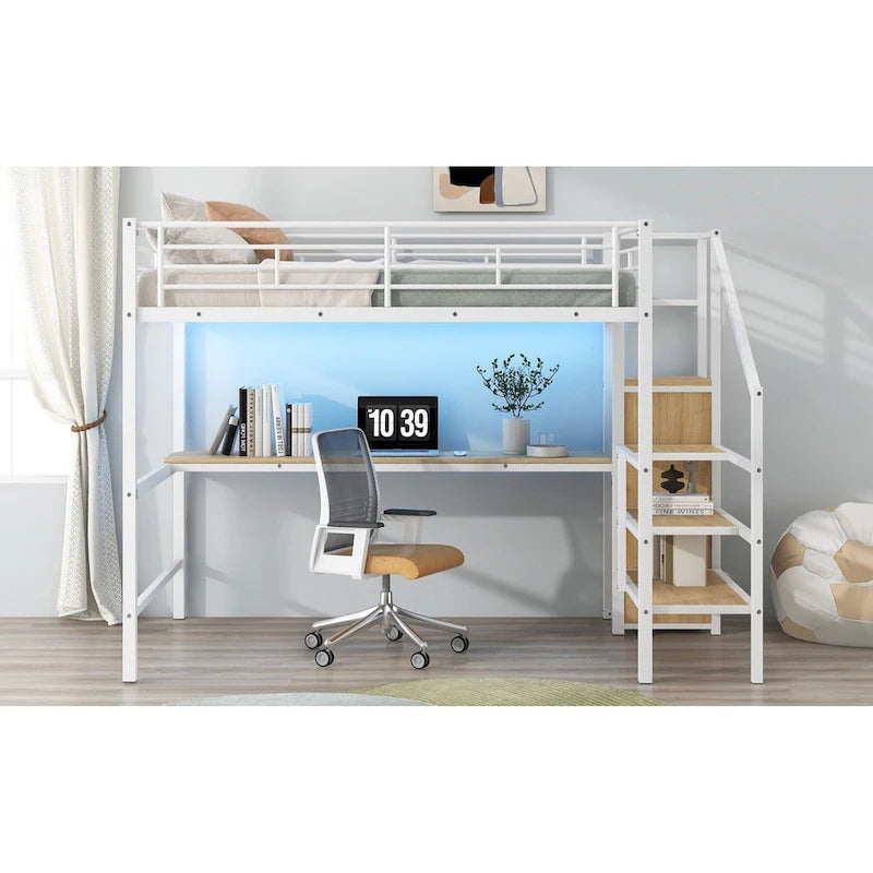 Letto a soppalco full-size con scrivania, scala contenitore, armadio piccolo, luce LED 23