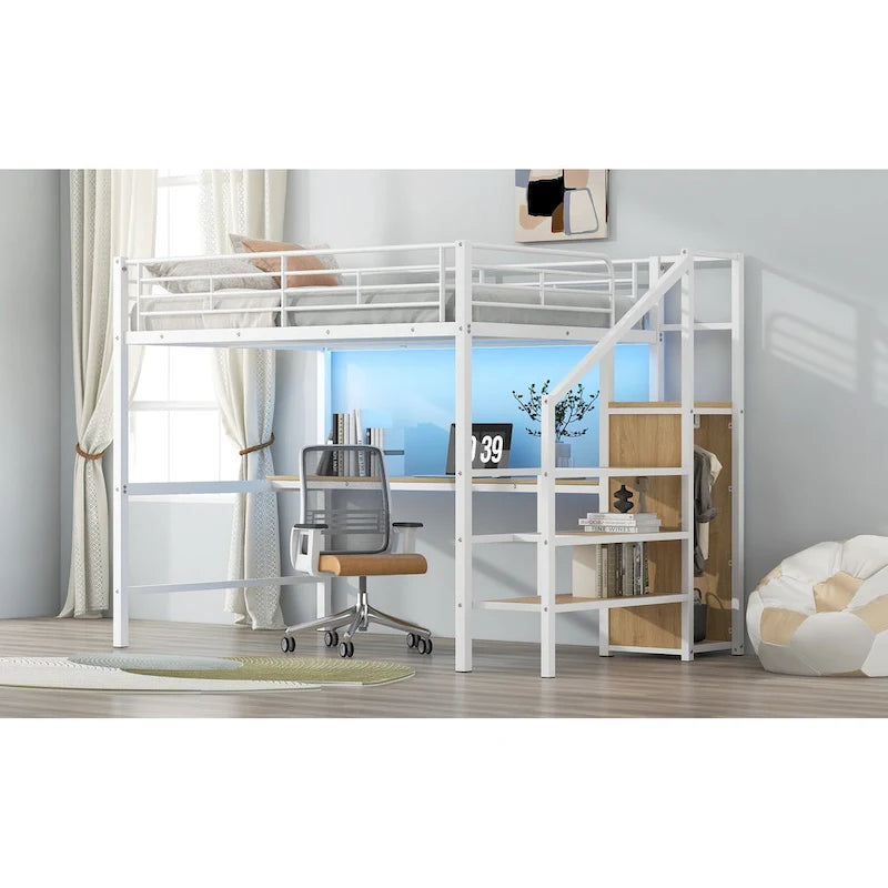 Letto a soppalco full-size con scrivania, scala contenitore, armadio piccolo, luce LED 24