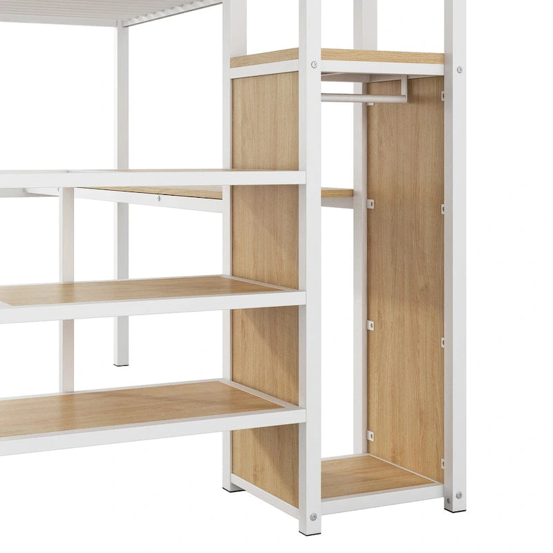 Letto a soppalco full-size con scrivania, scala contenitore, armadio piccolo, luce LED 25
