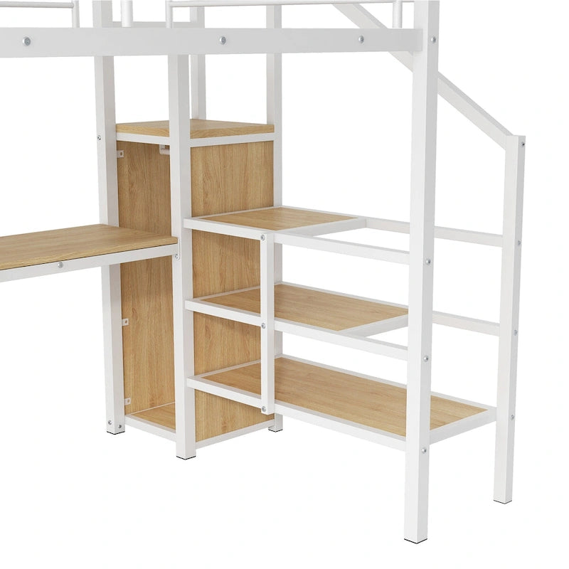 Letto a soppalco full-size con scrivania, scala contenitore, armadio piccolo, luce LED 26