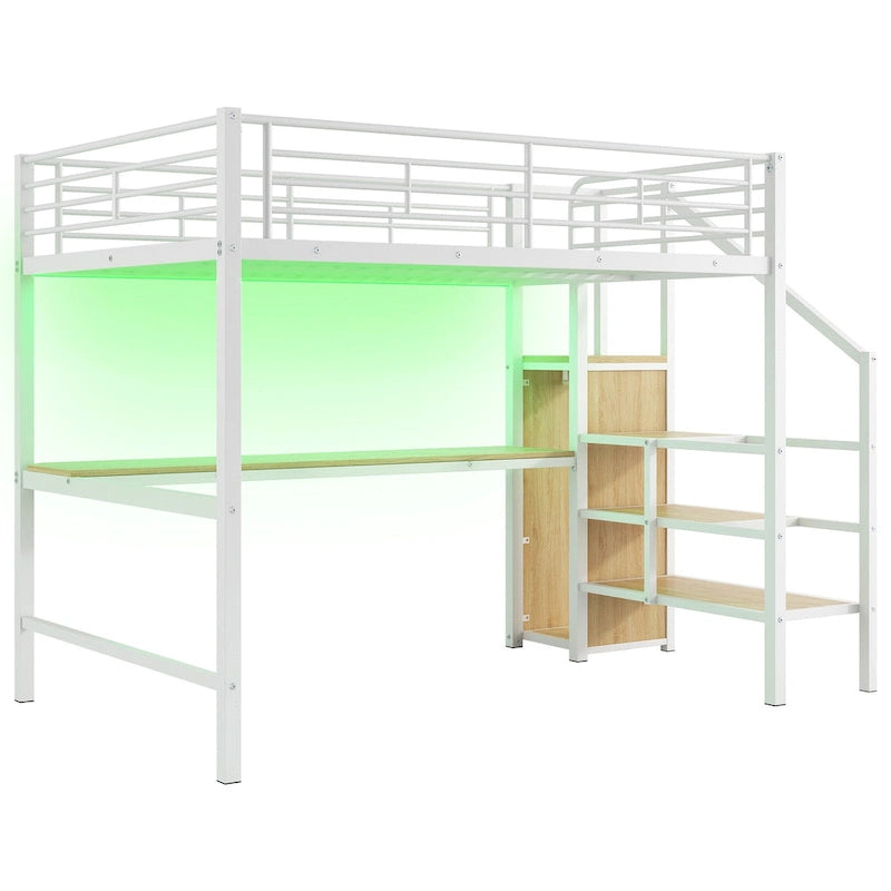 Letto a soppalco full-size con scrivania, scala contenitore, armadio piccolo, luce LED 27