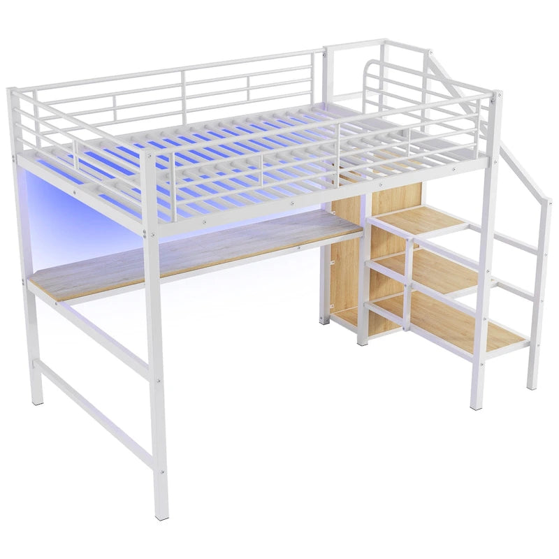 Letto a soppalco full-size con scrivania, scala contenitore, armadio piccolo, luce LED 28