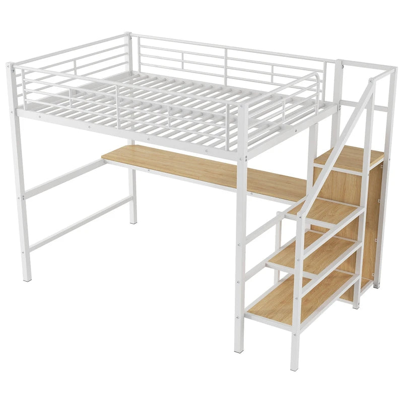 Letto a soppalco full-size con scrivania, scala contenitore, armadio piccolo, luce LED 30