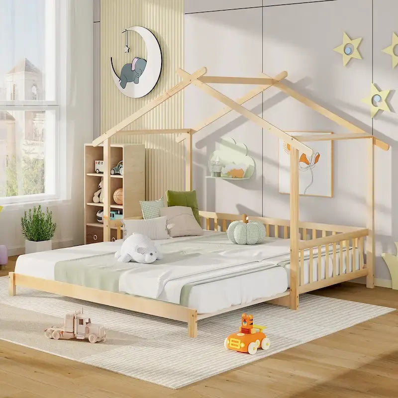 Gymax Wooden House Bed Twin to King Daybed w/ Safety Rails & Decorable 32