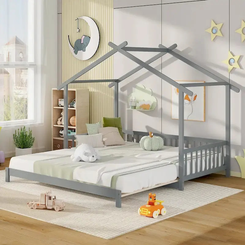 Gymax Wooden House Bed Twin to King Daybed w/ Safety Rails & Decorable 33