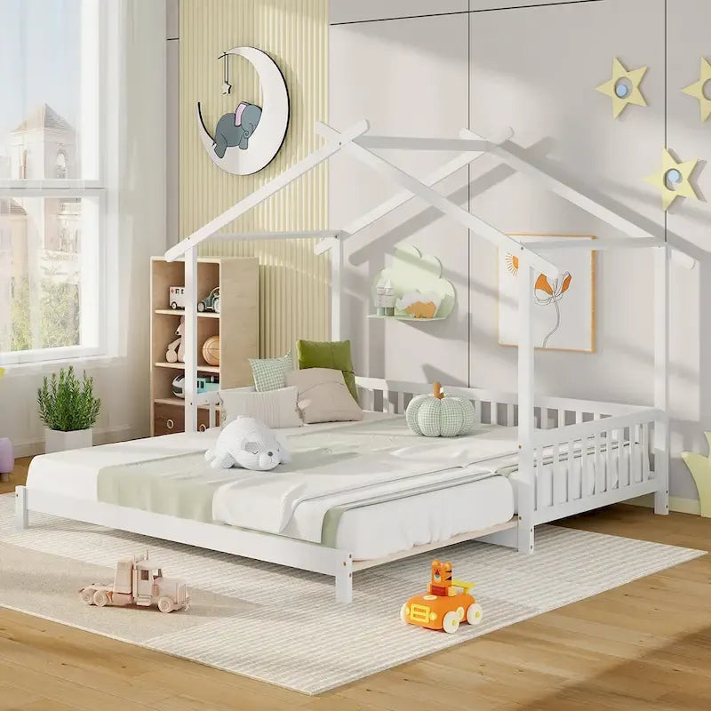 Gymax Wooden House Bed Twin to King Daybed w/ Safety Rails & Decorable 3