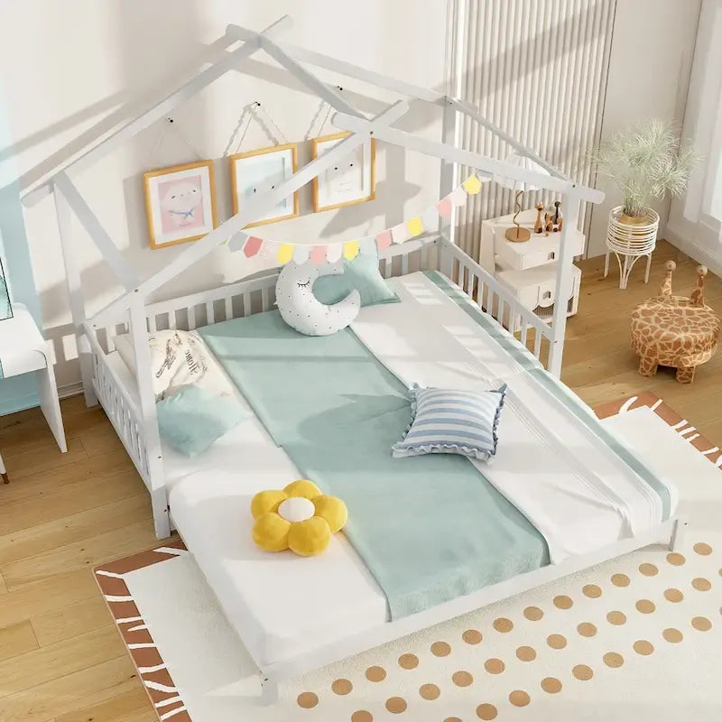Gymax Wooden House Bed Twin to King Daybed w/ Safety Rails & Decorable 4