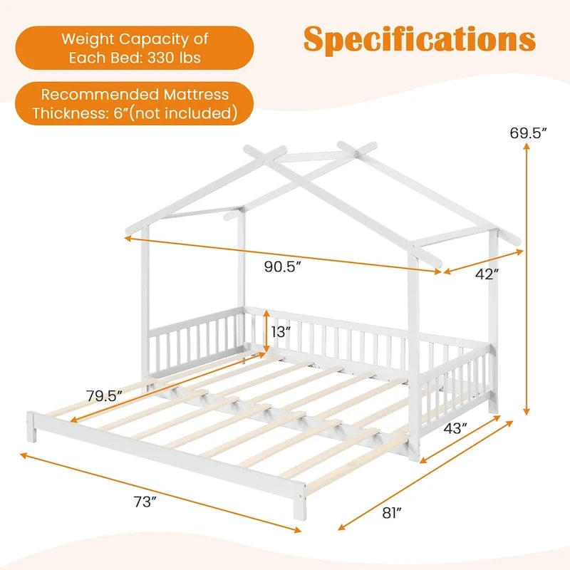 Gymax Wooden House Bed Twin to King Daybed w/ Safety Rails & Decorable 5