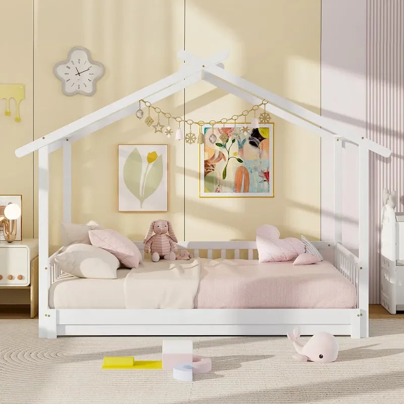 Gymax Wooden House Bed Twin to King Daybed w/ Safety Rails & Decorable 6