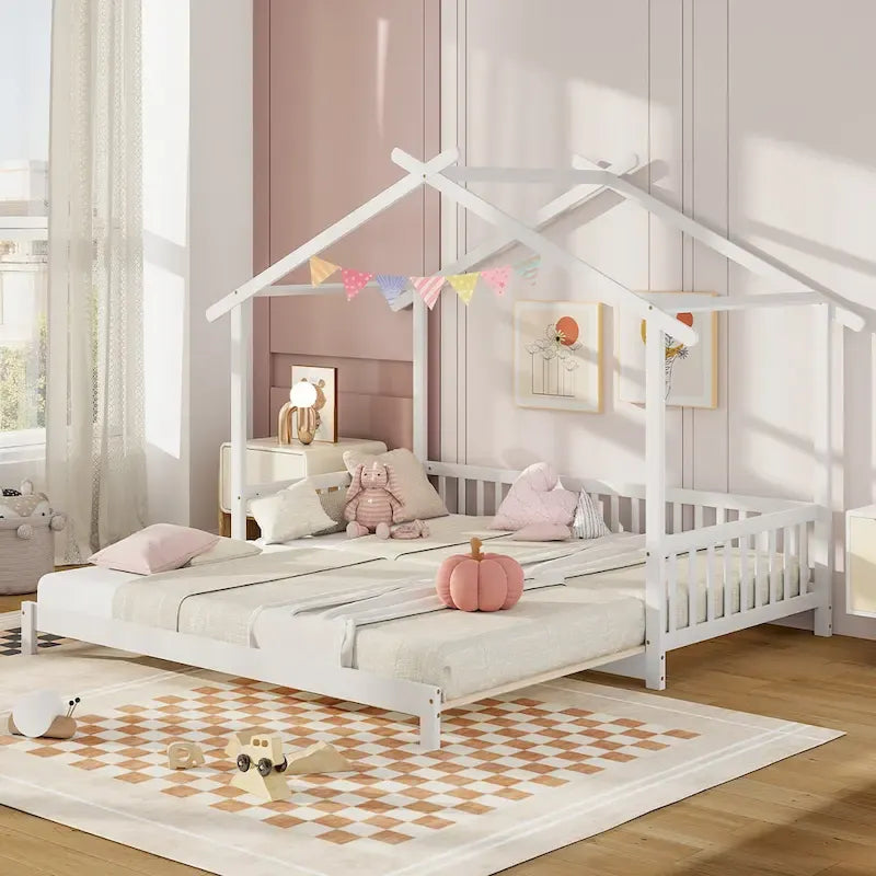 Gymax Wooden House Bed Twin to King Daybed w/ Safety Rails & Decorable 7