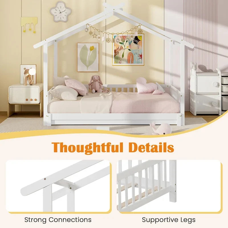 Gymax Wooden House Bed Twin to King Daybed w/ Safety Rails & Decorable 8