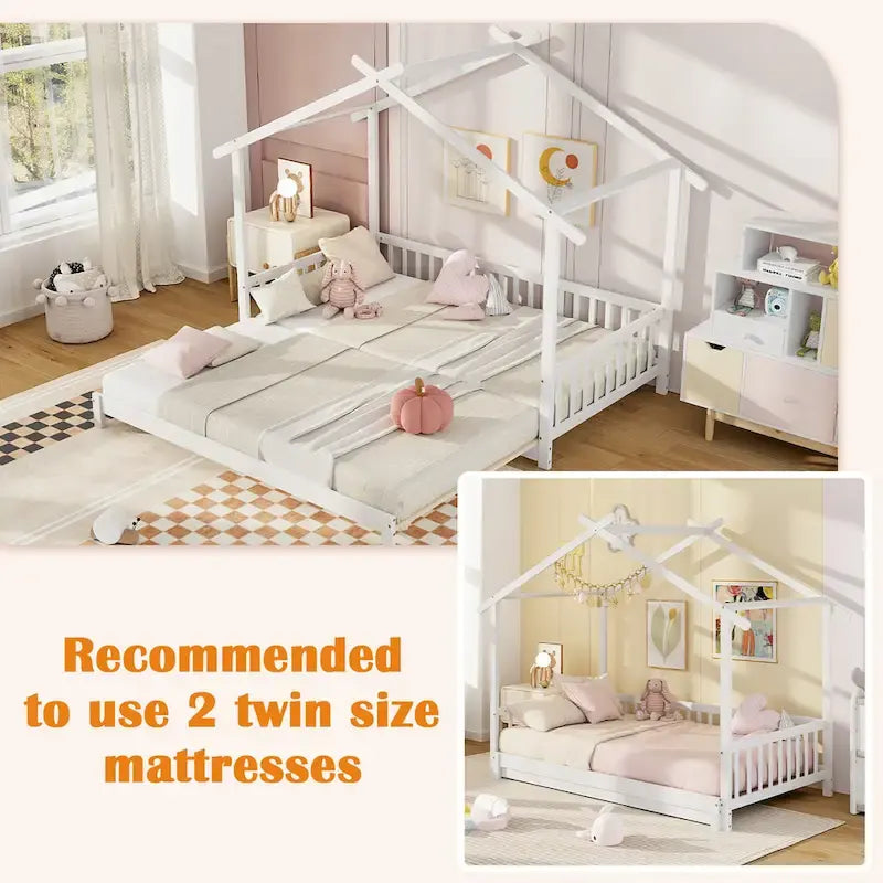 Gymax Wooden House Bed Twin to King Daybed w/ Safety Rails & Decorable 9