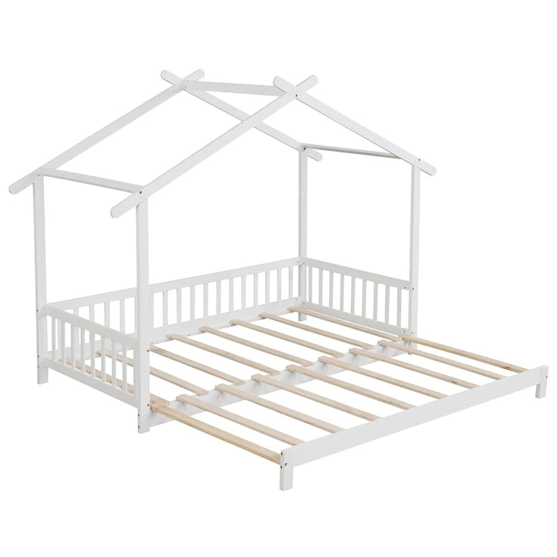 Gymax Wooden House Bed Twin to King Daybed w/ Safety Rails & Decorable 12