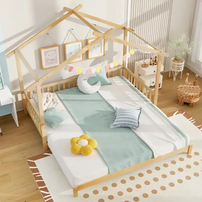 Gymax Wooden House Bed Twin to King Daybed w/ Safety Rails & Decorable 13