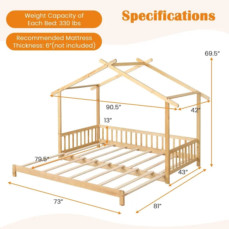 Gymax Wooden House Bed Twin to King Daybed w/ Safety Rails & Decorable 14