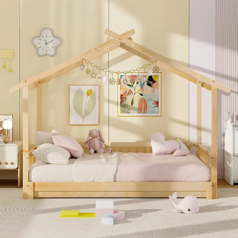 Gymax Wooden House Bed Twin to King Daybed w/ Safety Rails & Decorable 15