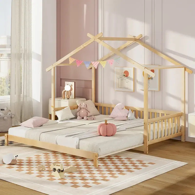 Gymax Wooden House Bed Twin to King Daybed w/ Safety Rails & Decorable 16