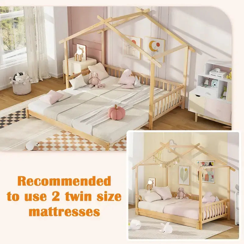 Gymax Wooden House Bed Twin to King Daybed w/ Safety Rails & Decorable 17