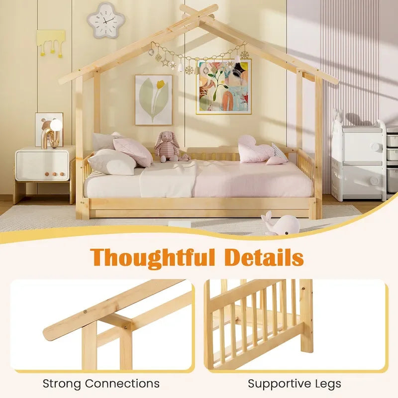 Gymax Wooden House Bed Twin to King Daybed w/ Safety Rails & Decorable 19