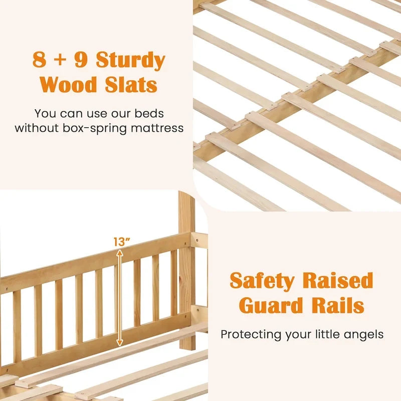 Gymax Wooden House Bed Twin to King Daybed w/ Safety Rails & Decorable 20
