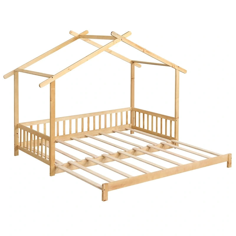 Gymax Wooden House Bed Twin to King Daybed w/ Safety Rails & Decorable 21