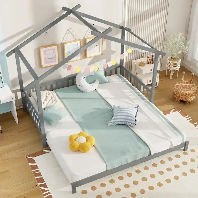Gymax Wooden House Bed Twin to King Daybed w/ Safety Rails & Decorable 22