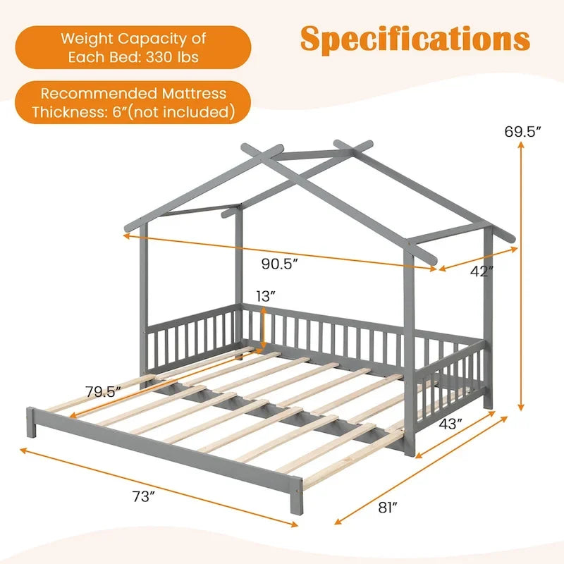 Gymax Wooden House Bed Twin to King Daybed w/ Safety Rails & Decorable 23