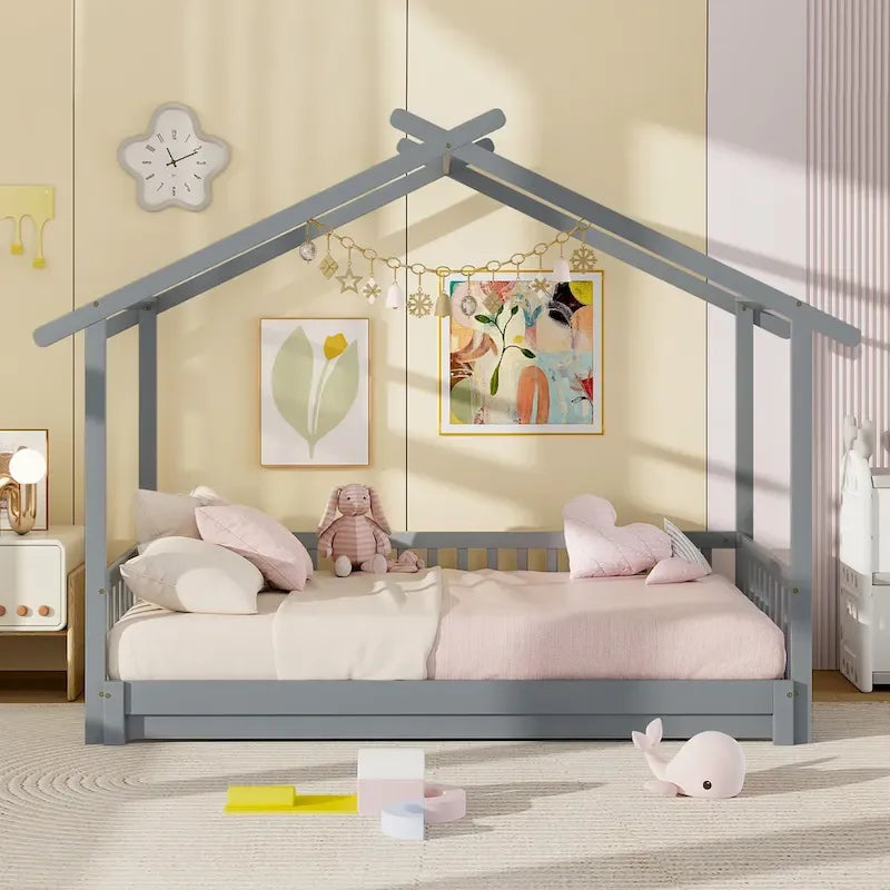 Gymax Wooden House Bed Twin to King Daybed w/ Safety Rails & Decorable 24
