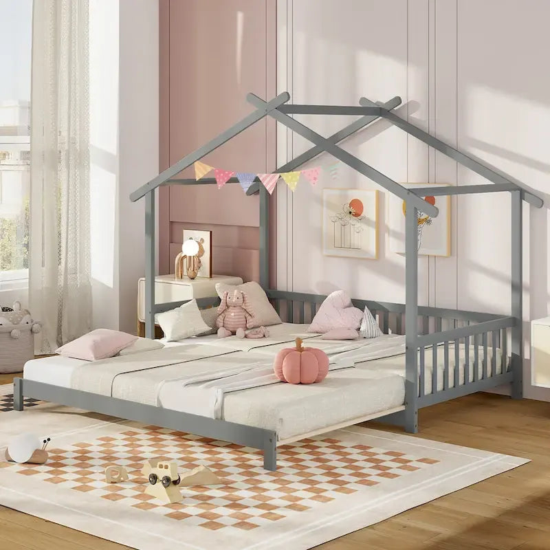 Gymax Wooden House Bed Twin to King Daybed w/ Safety Rails & Decorable 25