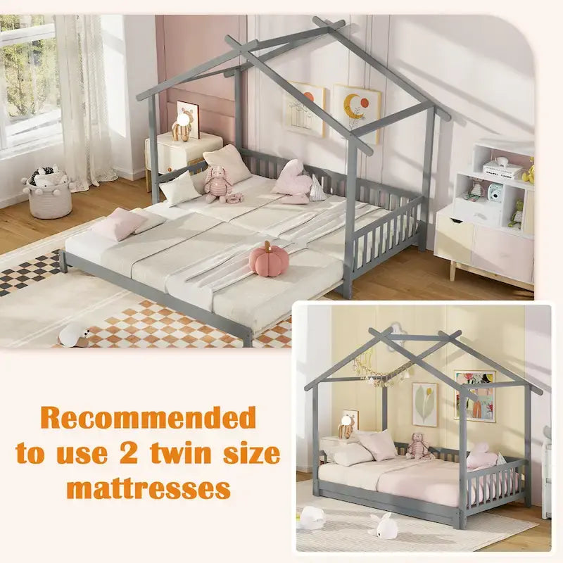 Gymax Wooden House Bed Twin to King Daybed w/ Safety Rails & Decorable 28
