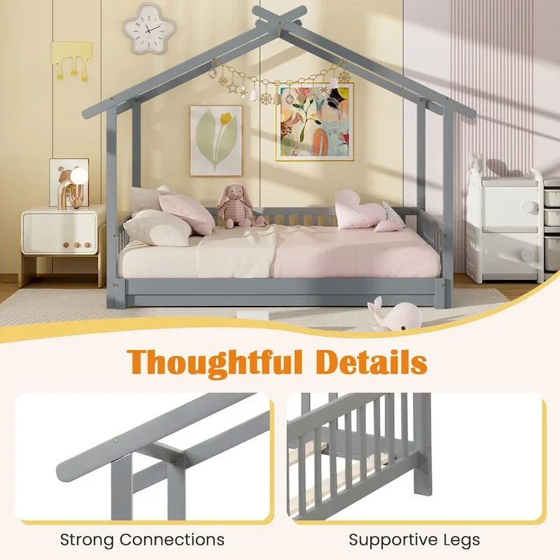 Gymax Wooden House Bed Twin to King Daybed w/ Safety Rails & Decorable 29