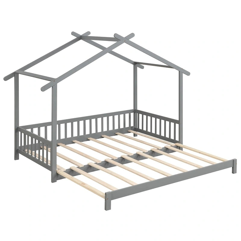 Gymax Wooden House Bed Twin to King Daybed w/ Safety Rails & Decorable 30