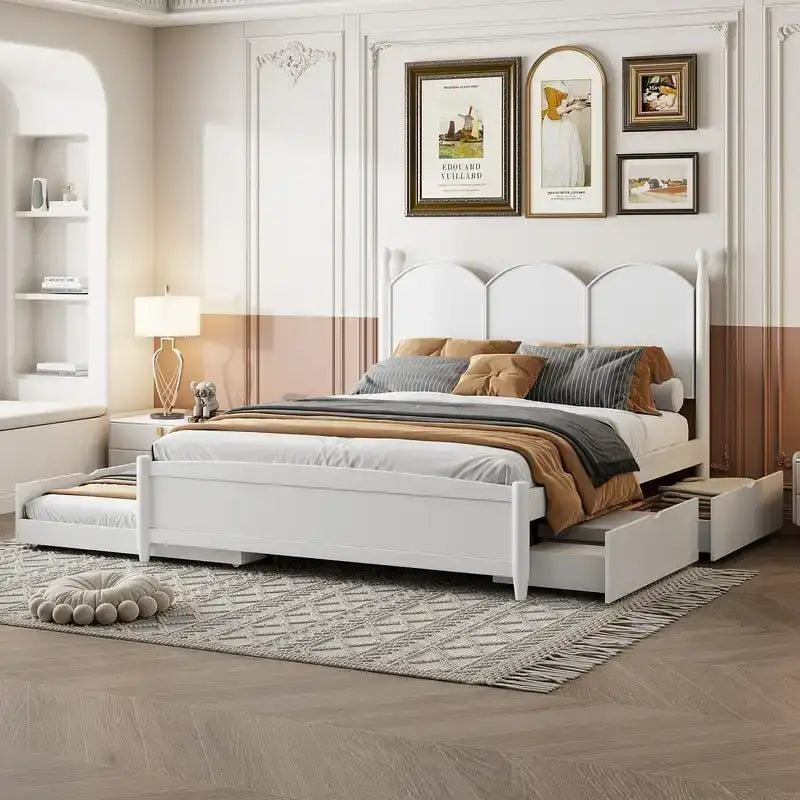 Queen Size Platform Bed with Vintage Headboard, Multifunctional Storage Bed Frame with Twin XL Size Trundle & 2 Drawers
