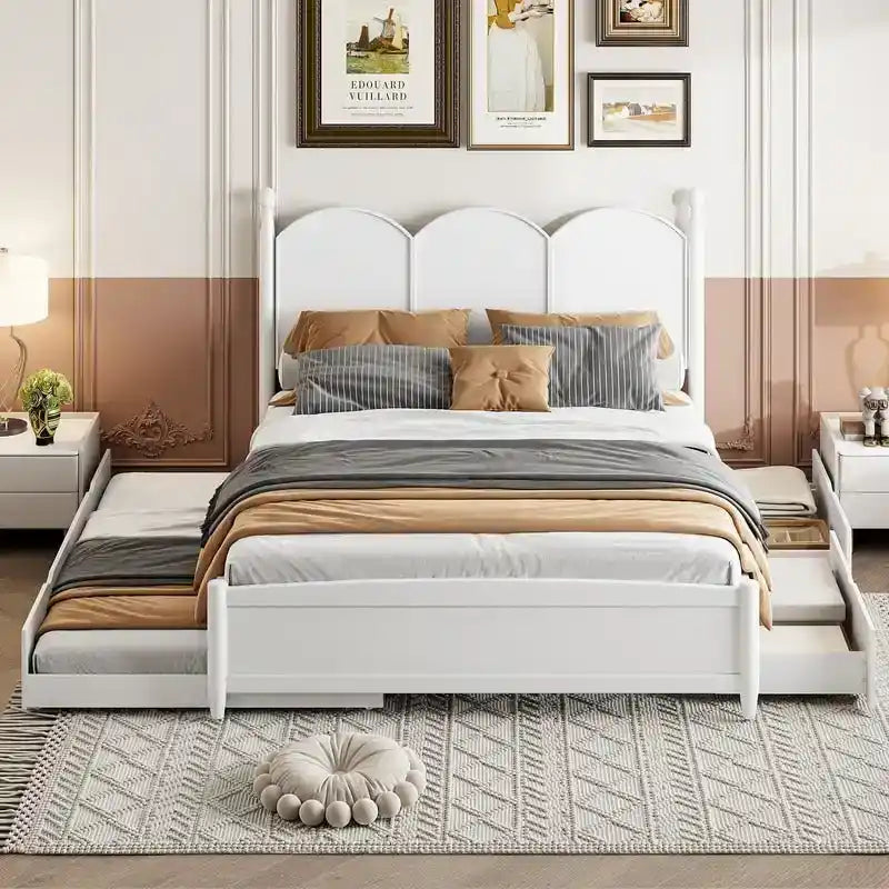 Queen Size Platform Bed with Vintage Headboard, Multifunctional Storage Bed Frame with Twin XL Size Trundle & 2 Drawers