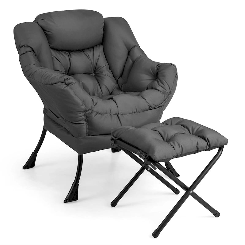 Gymax Lazy Sofa Chair Accent Leisure Armchair with Folding Footrest & 31