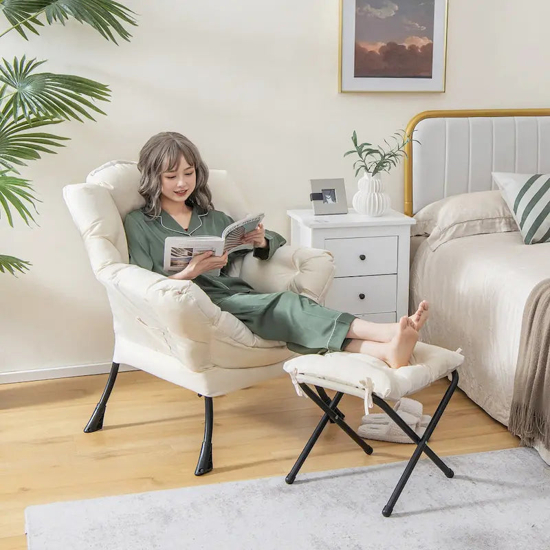 Gymax Lazy Sofa Chair Accent Leisure Armchair with Folding Footrest & 15