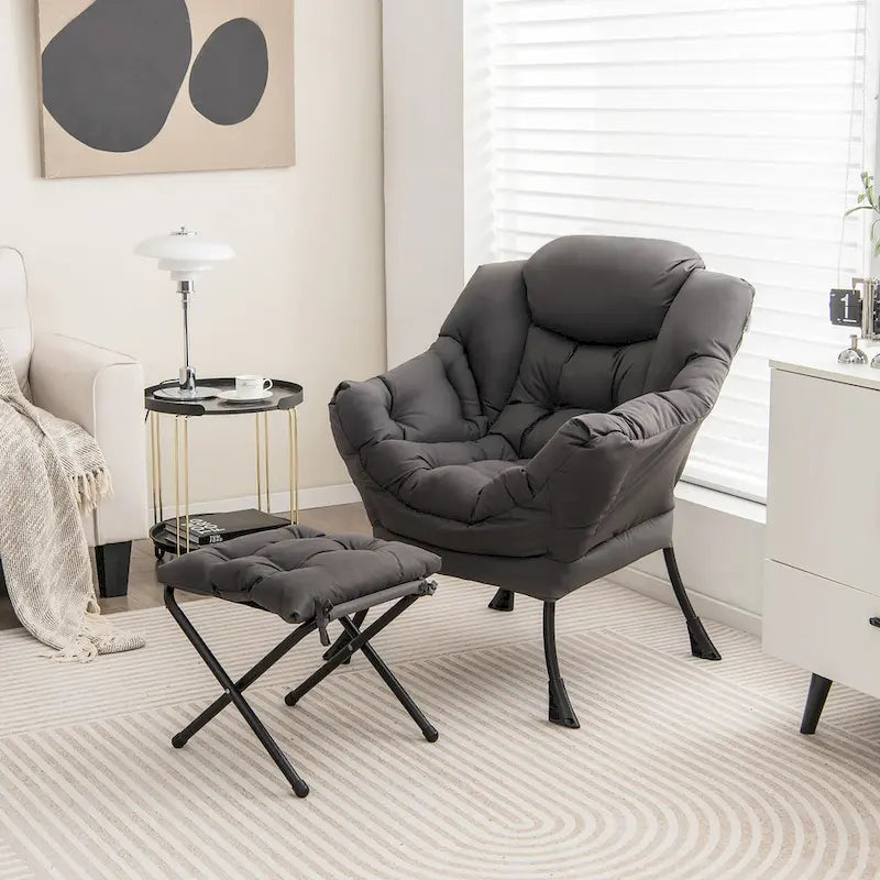 Gymax Lazy Sofa Chair Accent Leisure Armchair with Folding Footrest & 23