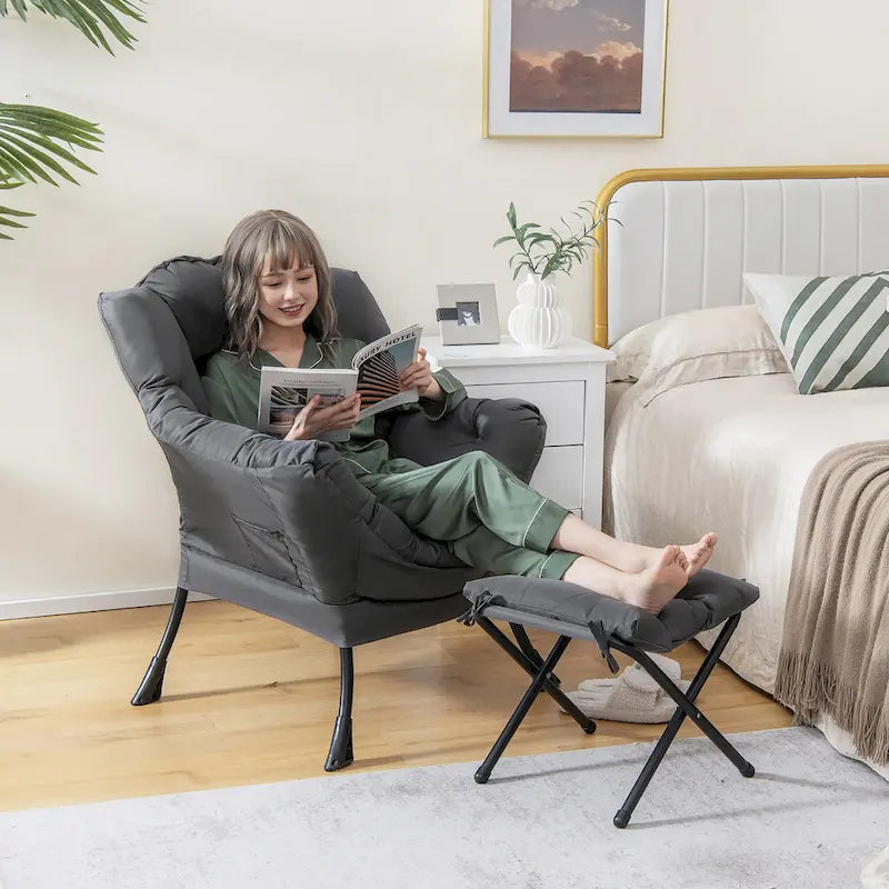 Gymax Lazy Sofa Chair Accent Leisure Armchair with Folding Footrest & 25